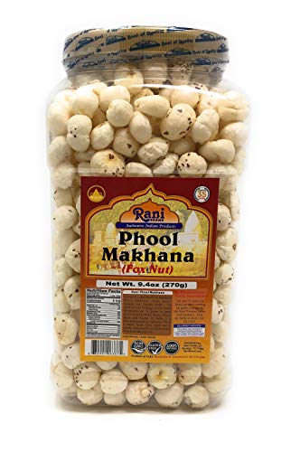 Image of Rani Jumbo Phool Makhana (Fox Nut /Popped Lotus Seed) Plain Raw Uncooked 9.4oz (270g) PET Jar ~ All Natural | Vegan | No Colors | Gluten Friendly | NON-GMO | Indian Origin