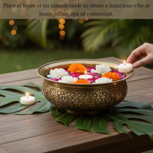 Image of Decorative Brass Chitai 8 inches Urli | Table Centerpiece Flower Floating Bowl | Urali for Mandap, Haldi, Mehendi, Wedding, Reception Decor | Brass Antique | 1500ml