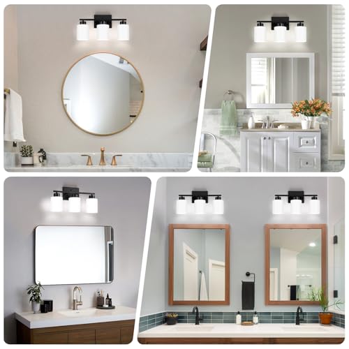 FonmYim Black Bathroom Light Fixtures, 3-Light Modern Vanity Light Over Mirror, Wall Sconces with Milky White Frosted Glass Shades, E26 Socket (Bulbs Not Included) by FonmYim - Used condition - Image 3