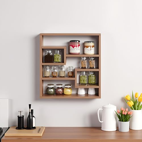 Image of FURNEASER Brian Kitchen Rack Shelf Multipurpose Wooden Wall Mounted Spice Jar Rack Shelves for Kitchen Storage Kitchen Shelf Organizer Kitchen item Containers Hanging Shelves (Exotic Teak)