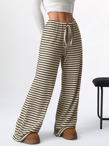 Wowcarbazole Women's Wide Leg Pants Striped Elastic High Waisted Casual Knit Palazzo Pants Drawstring Lounge Pajama Trousers3