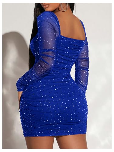 Image of Floerns Women's Sequin Mesh Long Sleeve Square Neck Ruched Mini Bodycon Dress