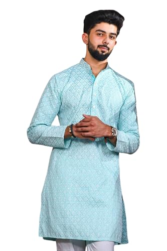 Image of ALMORA Men's Embroidered with Thread Work and Cotton Blend Only Slim Fit Kurta for Men