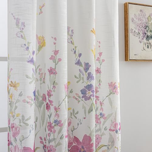 Image of SUOUO Pink Violet Wildflower Floral Semi Sheer Curtains 96 Inches 2 Panels | Linen Textured,Light Filtering,Farmhouse Cottage Decor,Rod Pocket,Window Drapes for Living Room Bedroom Dining Room