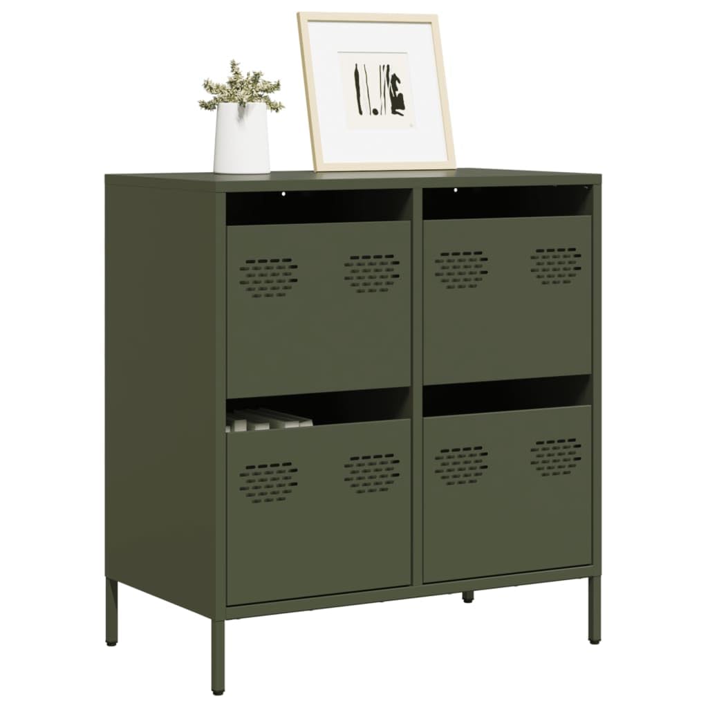 Buffet vert olive 68 x 39 x 73,5 cm, en acier laminé à froid, armoire de couloir avec 4 tiroirs, armoire de rangement pour salon
