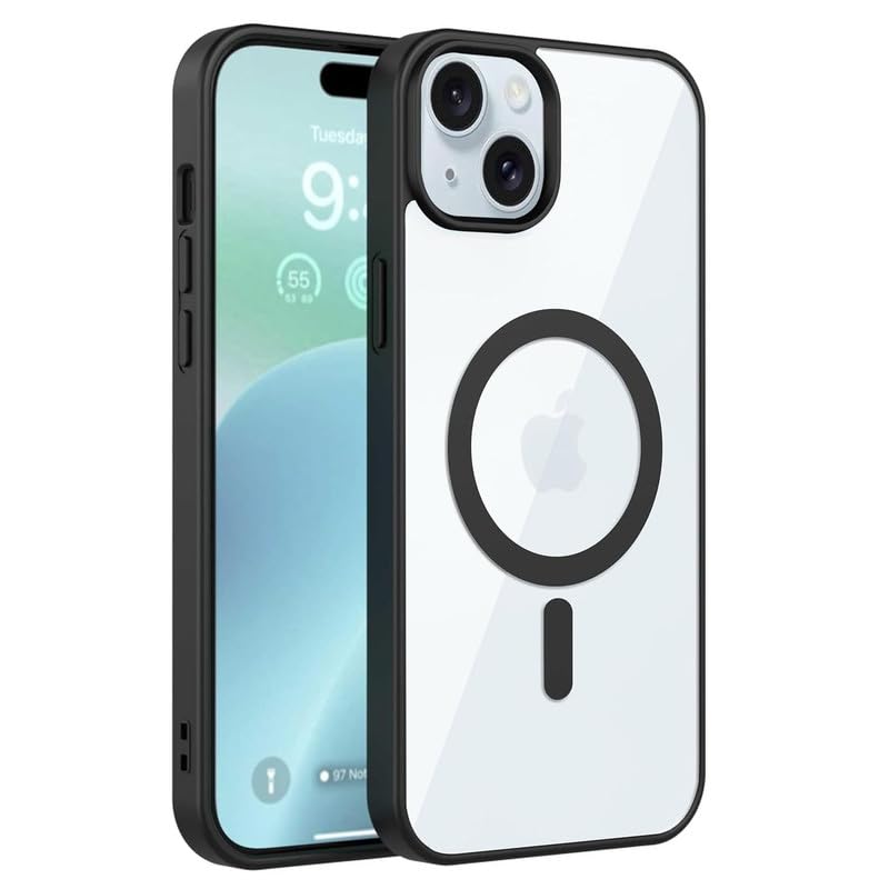 AIBEX Clear Mag-Saf Case for iPhone 15-1,500 G Strong Magnetic Lock, Crystal-Clear Anti-Yellowing Back | Military-Grade Drop Protection | Camera Guard, Slim & Lightweight – Black