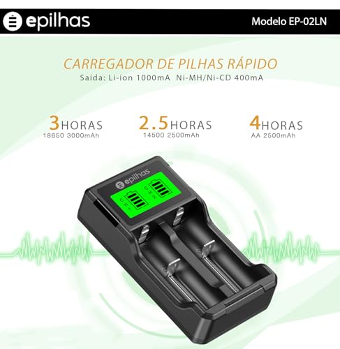 Carregador Universal USB da EPILHAS inteligente p/ 2 pilhas de Íon de Lítio/Ni-MH, modelo EP-02LN