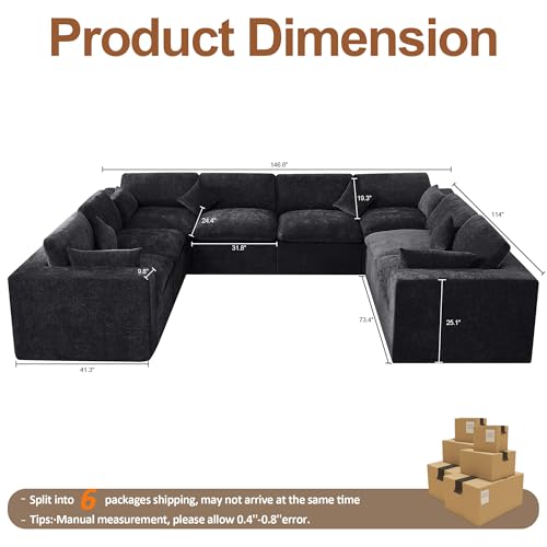 Image of 146''Cloud Boneless Sectional Couch, Modular Sectional Sofa Deep Seat, Oversized Upholstered Convertible Comfy 8 Seater Chenille Memory Foam Sofa U Shape Couches for Living Room, Dark