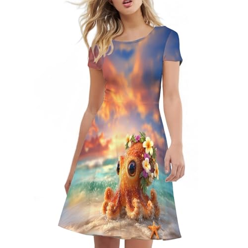 Image of Forchrinse Octopus Dresses for Women Casual Short Sleeve A Line Dress Summer Crew Neck Swing Midi Dresses Soft High Waist T Shirt Sundress for Beach Vacation Work