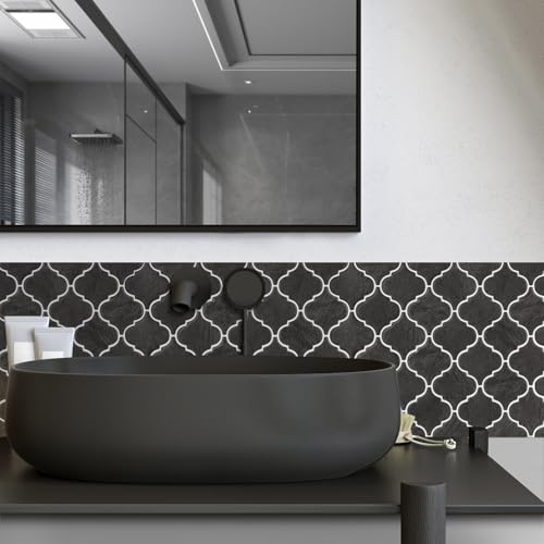 Arabesque Peel and Stick Tile for Kitchen, Thickest Design Wall Tile, 10-Sheet 3D Self Adhesive Wall Tiles Backsplash, Dark Grey 12''×12'' Stick on Tiles for Kitchen and Bathroom.