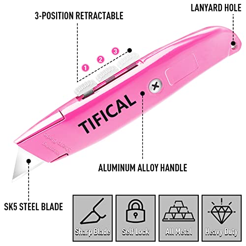 Tifical 2-Pack Box Cutter, All Metal Utility Knife Box Cutter Retractable, Box Cutters With Self-Lock Design, Heavy-Duty Box Knife Box Opener Exacto Knife For Cutting Boxes, Cardboard, Cartons, Pink #TOP3