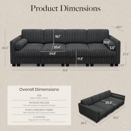 Image of Belffin Plush Corduroy Modular Cloud Sofa Bed with Deep Seat Sectional Cloud Couches for Living Room. Grey Couch