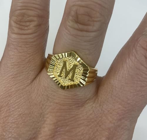 Image of 18k gold plated brass Hexagon shape initial ring already sized ring