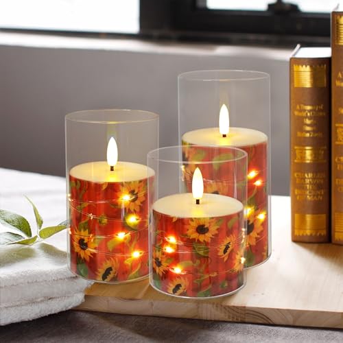 Image of Flickering Flameless Candles Sunflowers Embedded Star String Lights, Battery Operated Acrylic LED Pillar Candles with 11-Key Remote and Timer for Home Decoration, 3 Pack
