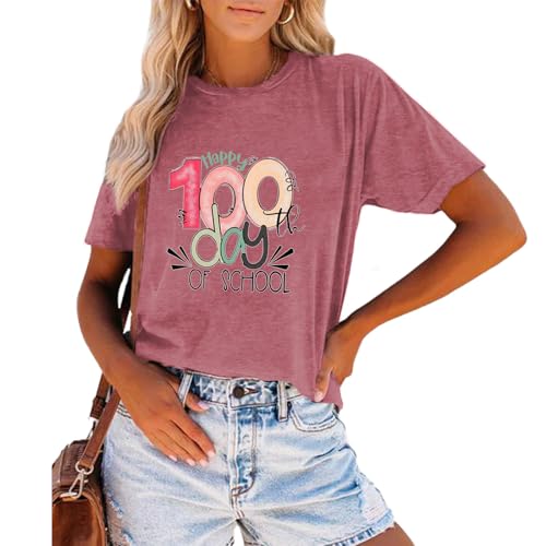 Image of 100th Day of School Shirt for Women Teacher Graphic T-Shirt Funny Teach Short Sleeve Tee Tops