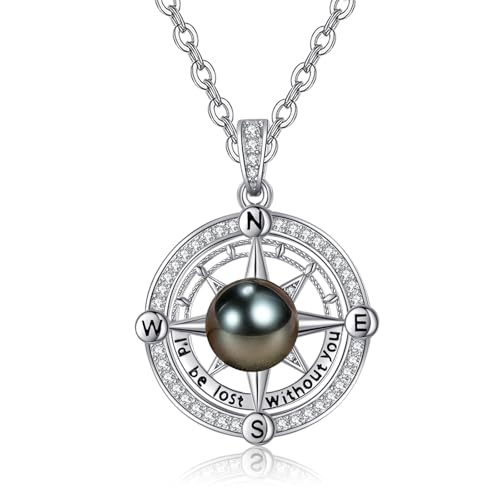 AAAAA Tahitian Black Pearl Compass Necklace For Women,925 Silver Saltwater Pearl Jewelry,Wedding Anniversary Birthday Gifts for Her Wife Mom Daughter Grandma Sister