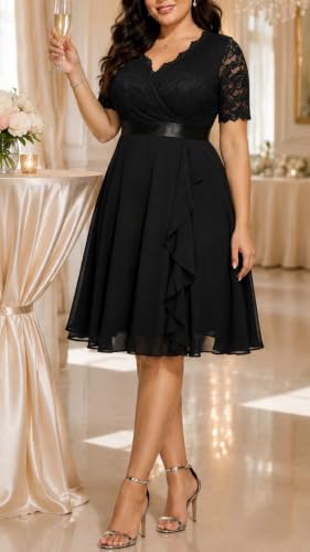 Image of Talisea Plus Size Wedding Guest Lace Chiffon Ruffle Tea Length Dress