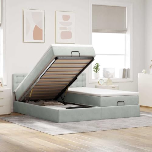 Yunovire Cama otomana con colchón, gris claro, 160 x 200 cm, funda de terciopelo, núcleo de muelles ensacados, espacio de almacenamiento, muebles de dormitorio modernos