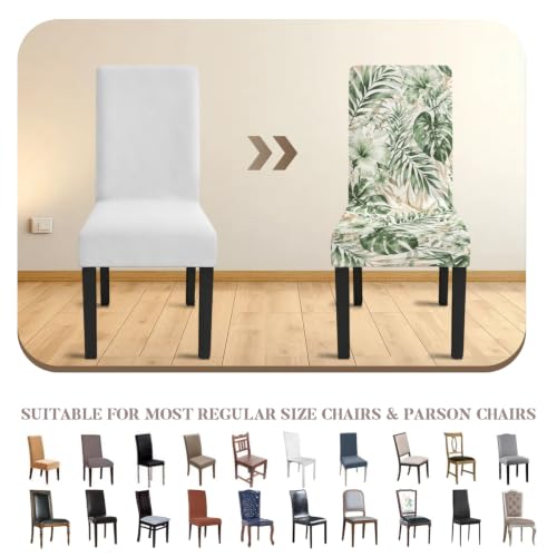 Image of Tropical Leaf Dining Chair Covers Set of 4, Green Palm Slipcovers