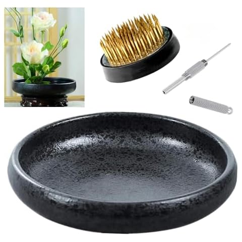 Japanese Ikebana Vase Kit, Flower Shallow Container Ceramics Ikebana Vase with 1.57inch Flower Frog and Floral Frog Floristry Kenzan Needle Straightening Tool (Frosted Bowl A with Spots) Cover