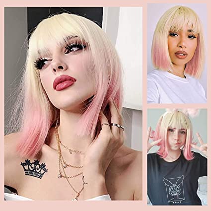 WOCWIG Blonde Ombre Pink Bob Wig with Bangs Straight Synthetic Wigs for Women