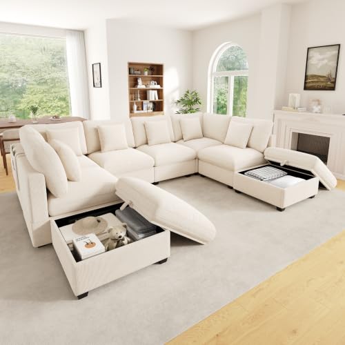 Zepneiy Canapé d'angle XXL en U avec Fonction Sommeil et 6 Coussins décoratifs, Canapé modulable 8 Places avec 2 Repose-Pieds Mobile avec Espace de Rangement et Poches latérales, Chenille Beige