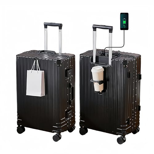 Aluminum Frame Carry-on Luggage, Hardside Carry-on Suitcase, Zipperless Suitcase, Spinner Luggage with USB Port, Cup Holder and TSA Locks (Black, Carry-On 20-Inch)