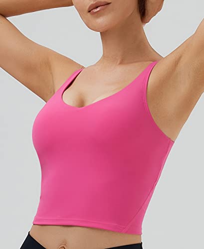 Image of Oalka Sports Bra Womens Longline Padded Crop Yoga Tank Tops | Built in Bras, Workout, Athletic, Fitness, Super Soft, Comfort, Cropped Top, Removable Pads, Heart Neckline For Women