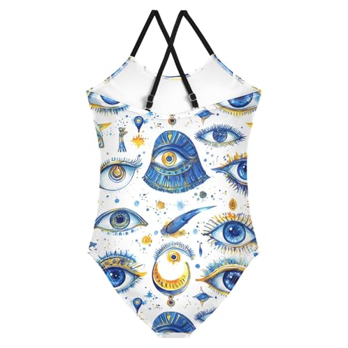 Pigsaly Girls One Piece Swimsuits Watercolor Egyptian Evil Eye Kids Cross Back Swimwear Toddler Beach Sport Bathing Suit 3T2