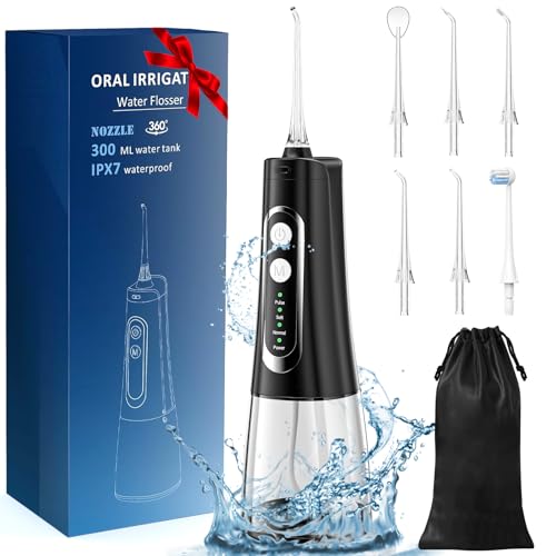 ETELIAR Irrigador Bucal Portatil, Irrigador Dental Inalámbrico Profesional 6 Boquillas 6 Modos, IPX7 Impermeable 300ML USB-C Recargable Para Limpieza Dientes, Para el Hogar y los Viajes