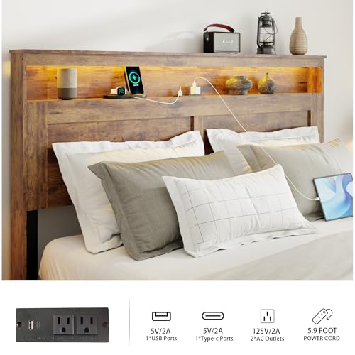 Image of King Size Wooden Bed Frame with Headboard, Rustic Farmhouse Wooden Bedframe with LED Lights and Charging Station, Easy Assembly, No Box Spring Needed (Rustic Brown, King)