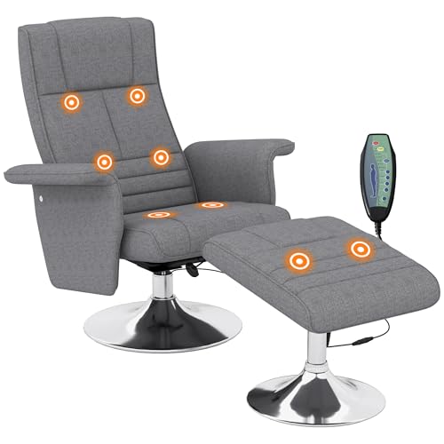 HOMCOM Sillón de Masaje vibratorio con reposapiés, sillón para TV con función de Chaise Longue, Asiento Giratorio 360°, cómodo Asiento Acolchado, para salón, Dormitorio, Tejido Efecto Lino, Gris