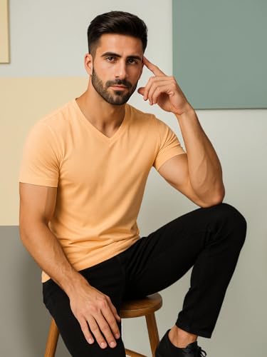 Image of Friskers Men's V-Neck Short Sleeves Cotton T-Shirt - Casual T-Shirt, Regular Fit