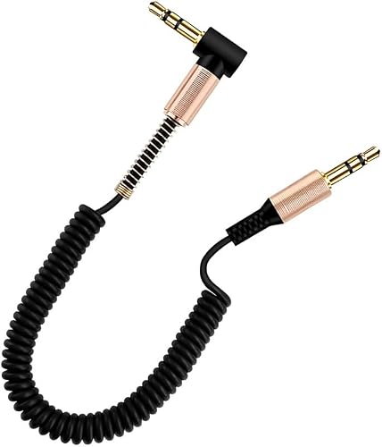 skysia 3.5mm AUX Cable – Spiral Spring Male-to-Male Audio Cord with 90° Right Angle Jack, Stretchable & Tangle-Free Steel Spring Design for Car, Headphones & Speakers (Black, Pack of 1)