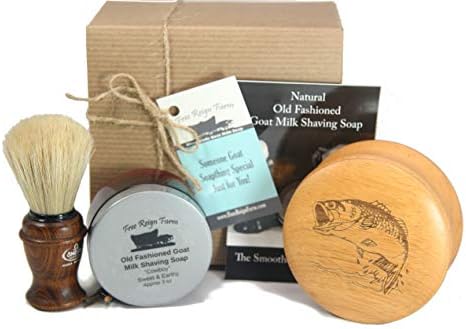 Shaving Gift Set for Men, Includes Italian Shaving Brush (Ash Wood Handle), Goat Milk Shaving Soap (Cowboy Scent) and Engraved Hardwood Shaving Bowl (Bass Fish)