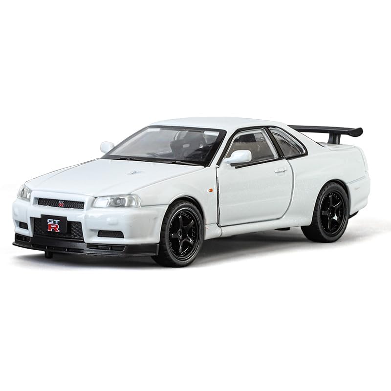Image of Scale 1:32 Nissan Skyline GTR-R34 - White Alloy Diecast Pullback Metal Car Toy with Sound Light & Opening Doors - Best Gift Toy for Kids