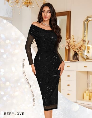 BeryLove Womens Long Sleeve Off Shoulder Formal Wedding Guest 2025 Mesh Sequin Dress3