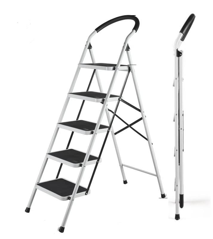 SUNRISELadder, 5 Step Foldable Ladder, Folding Step Stool with Wide Anti-Slip Pedal, Household Steps Sturdy, Steel Ladder, Convenient Handgrip, Portable Steel Step Stool (5 Steps, White)