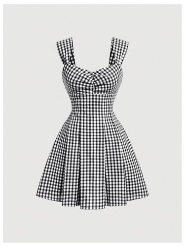 Image of Floerns Women's Plaid Ruched Bust Sleeveless Vintage Bowknot Pleated Short Dresses