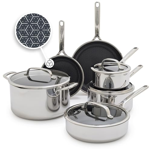 Image of GreenPan Spectra 10 Piece Cookware Set,Hybrid Tri-Ply Stainless Steel, PFAS-Free Ceramic Nonstick Textured Cooking Surface,Induction Pots & Pans with Lids, Dishwasher Safe,Oven & Broiler Temp to 850˚F