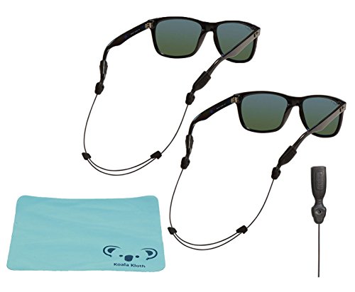 Chums Orbiter Adjustable Eyewear Retainer Wire Sunglass Strap | Thin Eyeglass and Sports Glasses Cable Holder Keeper Lanyard | 2pk Bundle + Cloth, Black