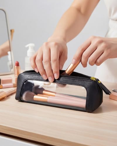 Image of LETGO Cute Clear Travel Makeup Brush Holder, Waterproof PU Leather Cosmetic Brush Pouch with Zipper,Portable Makeup Brush Organizer Case for Daily Use Travel (Chic Black)