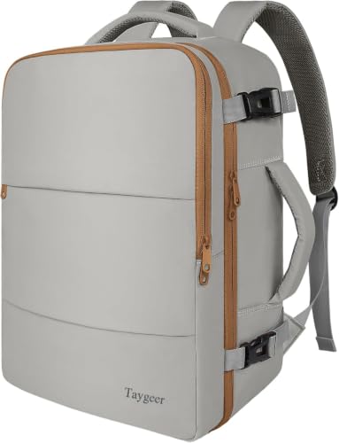 Image of Taygeer Carry On Backpack for Men Women, Laptop Bag 17.3 inch Flight Approved | Travel Backpack with Water Bottle Pocket & Shoe Pouch, College Teacher Tote Bag for Business Travel, Dark Brown Khaki