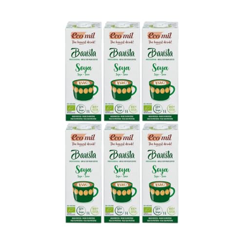 Ecomil - Bebida Vegetal de Soja Barista Bio, Pack 6 x 1 L, Sin Lactosa, Ecológica, Vegana, Bajo en Azúcares, Espuma Perfecta, Sabrosa, Ideal para Cafés