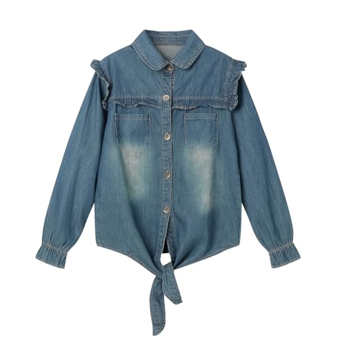LittleSpring Girls Button Down Denim Shirt with Tie Front