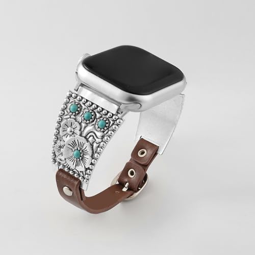 Leather strap compatible with Apple Watch strap for women 38/40/41/42/44/45/49mm Bohemian turquoise designer Western retro ethnic retro style suitable for iWatch series 10 9 8 7 6 5 4 3 2 1 SE Ultra 2/1 (4 turquoise stones 38mm/40mm/41mm/s10-42mm)