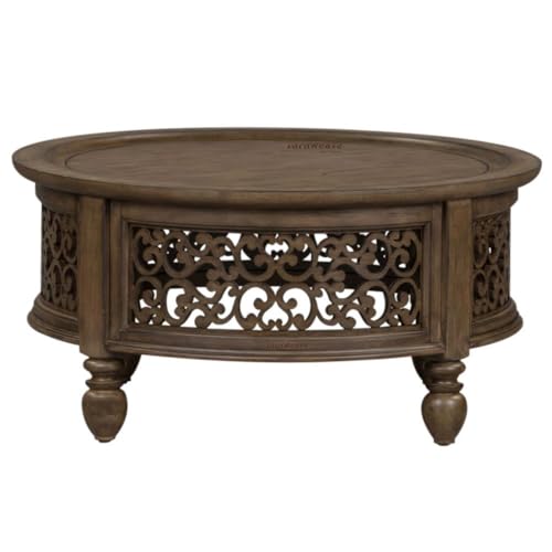 Image of Wooden Carved Coffee Table for Living Room | Center Table for Living Room Furniture | Solid Wood Round Tea Table for Home | Durable & Stylish Coffee Table for Home, Bedroom & Office (Walnut)