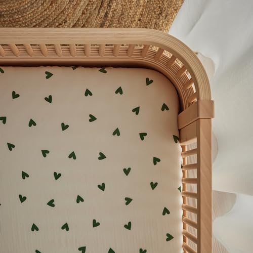 Image of Crib Sheets - Organic Cotton Muslin Fitted Crib Sheet - Standard Size for Baby Boy and Baby Girl 28 inch x 52 inch Ultra-Soft and Breathable. (Green Hearts)