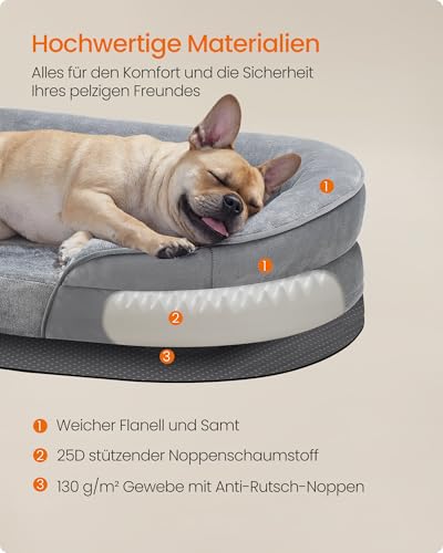 Feandrea Hundebett, Hundekissen, für mittelgroße Hunde, 76 x 51 x 18 cm, orthopädisch, wasserdichte Innenschicht, erhöhte Ränder, Abnehmbarer, waschbarer Bezug, rutschfest, hellgrau PGW281G01