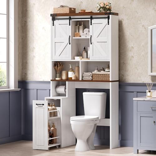 Farmhouse Over The Toilet Storage Cabinet with Pulley Slide Barn Doors Bathroom Storage Cabinet Space Saver W/Adjustable Shelf & Open Shelf for Bathroom Restroom Laundry (White Brown-Type A)